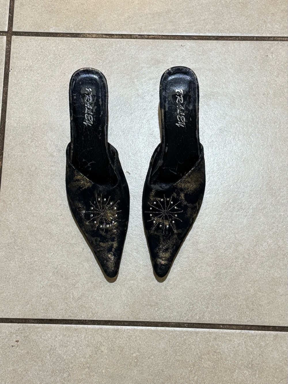 Rialto Black Pointed-Toe Slip-On Mules with Starburst Stud Accent